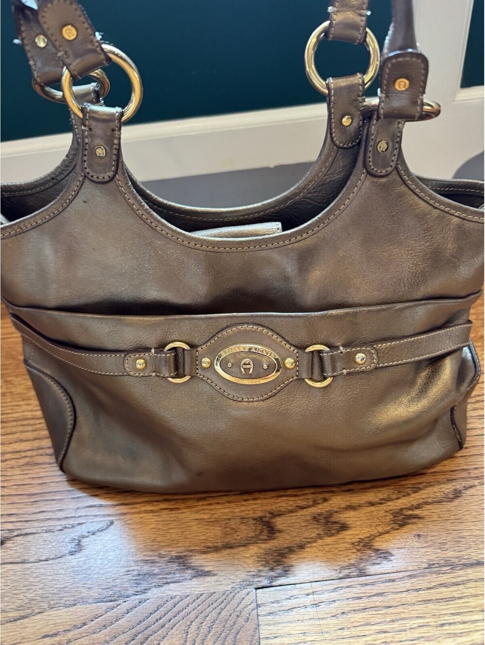 RARE Vintage Etienne Aigner Metallic Gold Shoulder Bag Double Handles Buckle